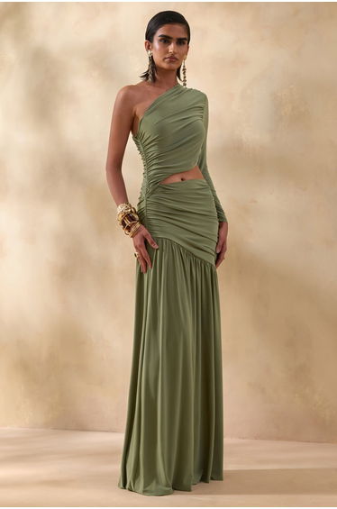Kinsley | Olive Asymmetric-Neck Maxi Dress With Body Cut-Out Detail