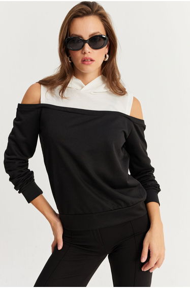 Women's Black-White Off-Shoulder Hoodie