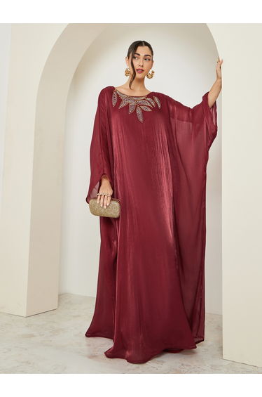 Women Red Embroidered Shimmer Kaftan