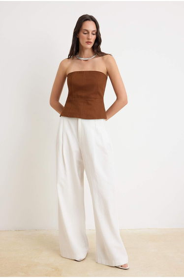 Brown Stitching Detailed Peplum Gabardine Woven Blouse