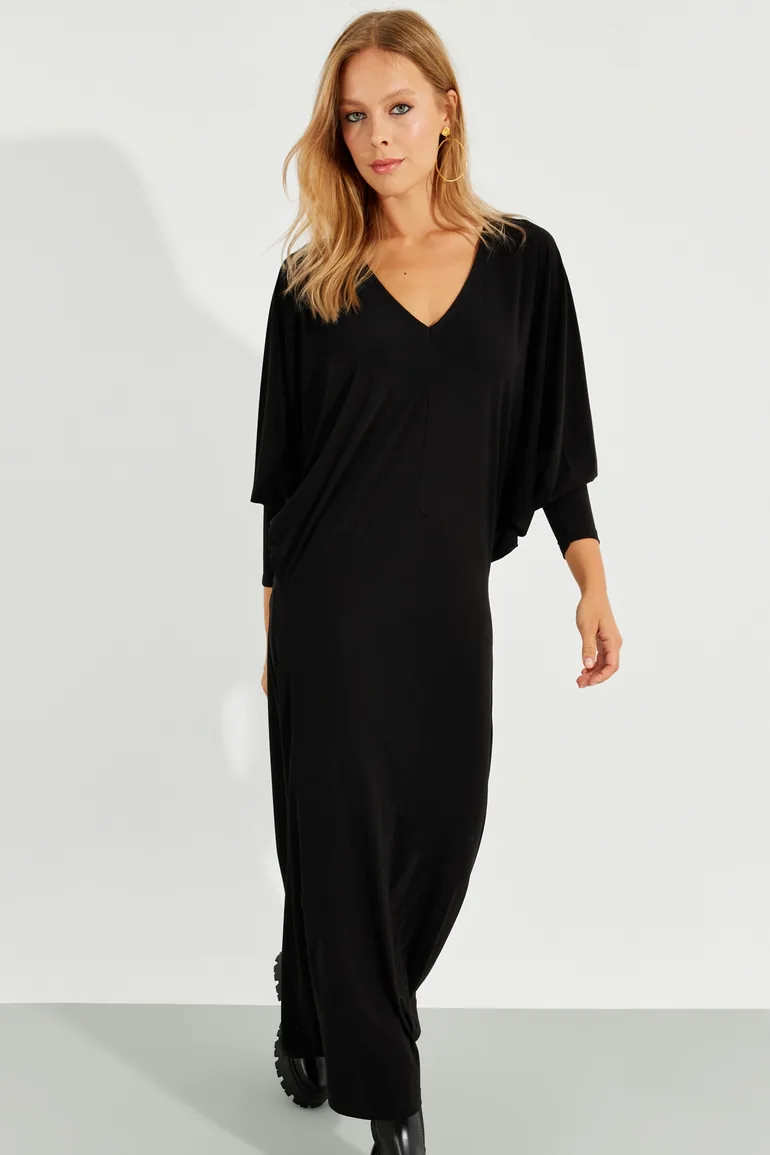 Women's Black Bat Sleeve Midaxi Dress - 2