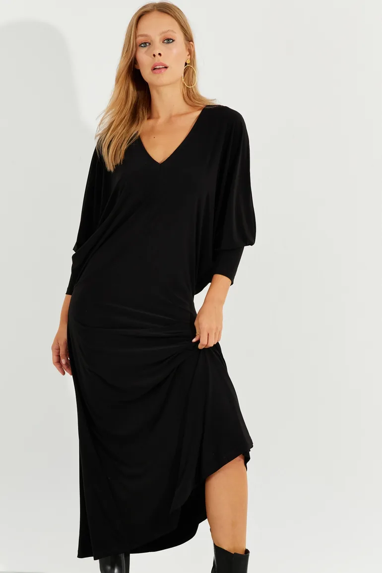 Women's Black Bat Sleeve Midaxi Dress - 5