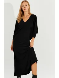 Women's Black Bat Sleeve Midaxi Dress - 5