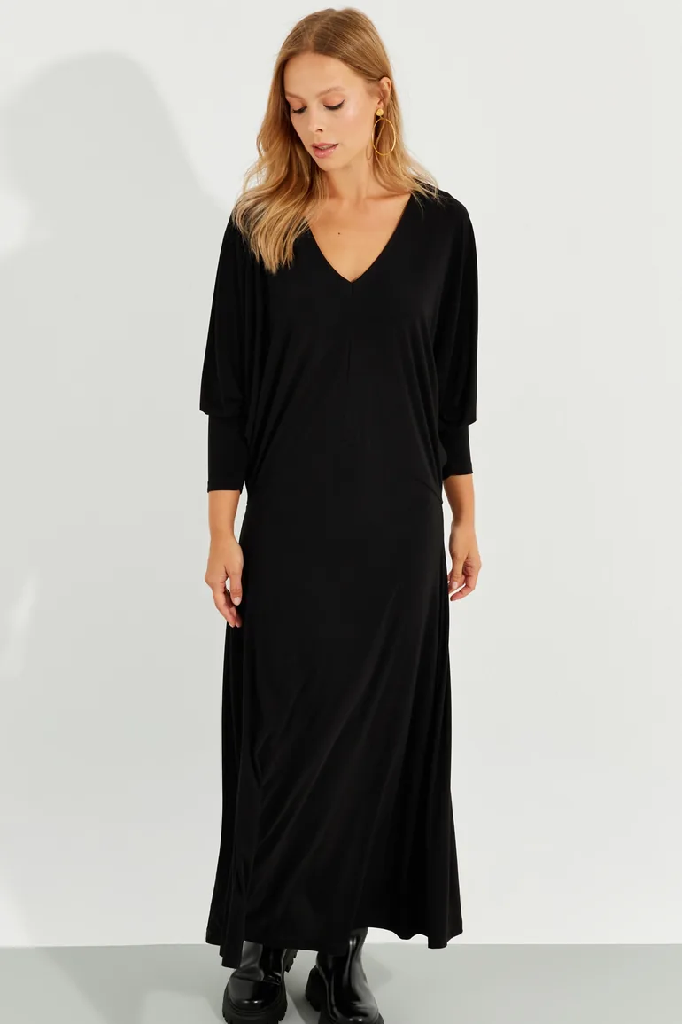 Women's Black Bat Sleeve Midaxi Dress - 6