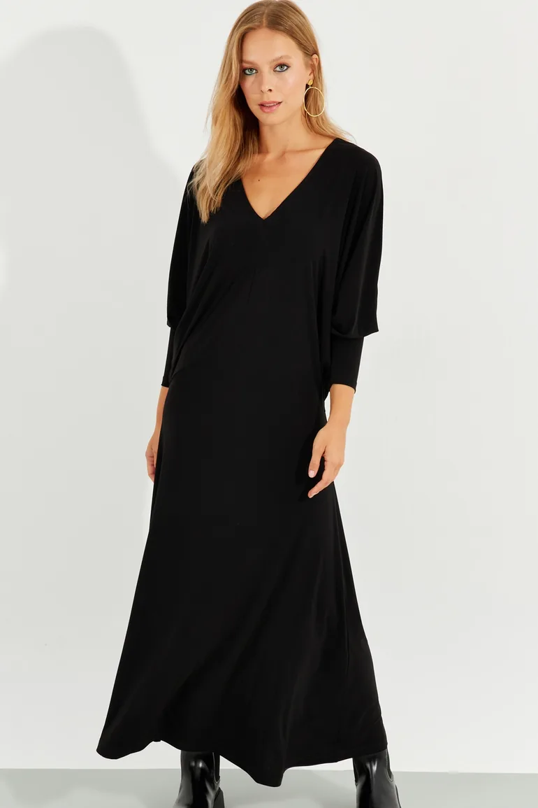Women's Black Bat Sleeve Midaxi Dress - 1