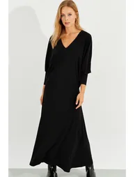 Women's Black Bat Sleeve Midaxi Dress - 1