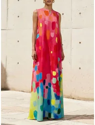 Loose Sleeveless Contrast Color Printed V-Neck Maxi Dresses