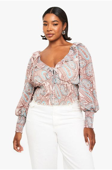 PLUS PAISLEY SHIRRED WAIST PLUNGE BLOUSE - ecru