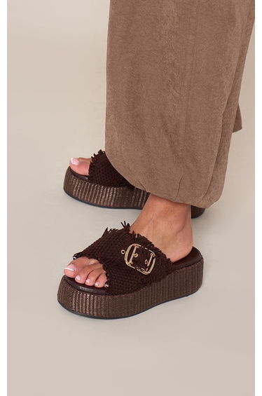 Wide Fit Chocolate Cross Over Buckle Flatform Sandals
