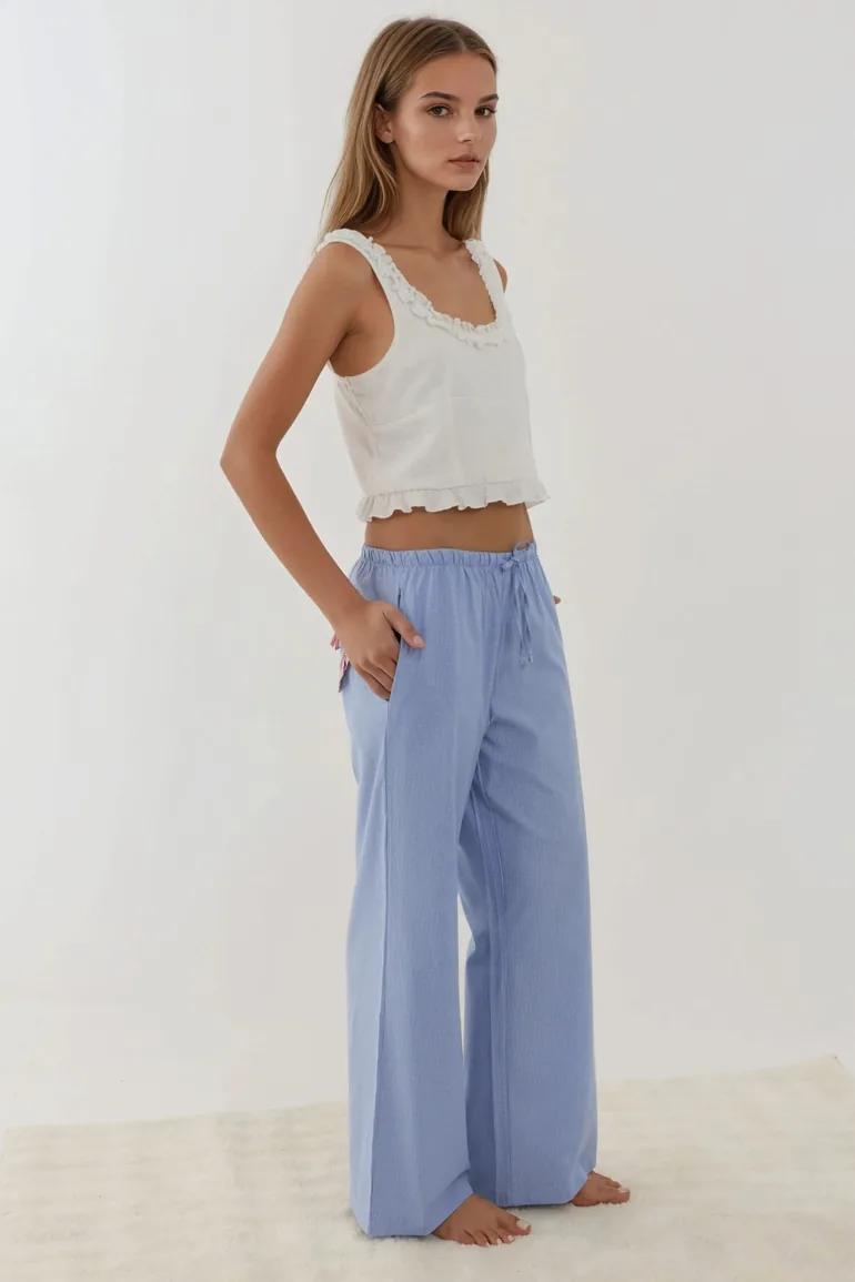 Heart Detail Wide Leg Plaid Lounge Bottoms - 3