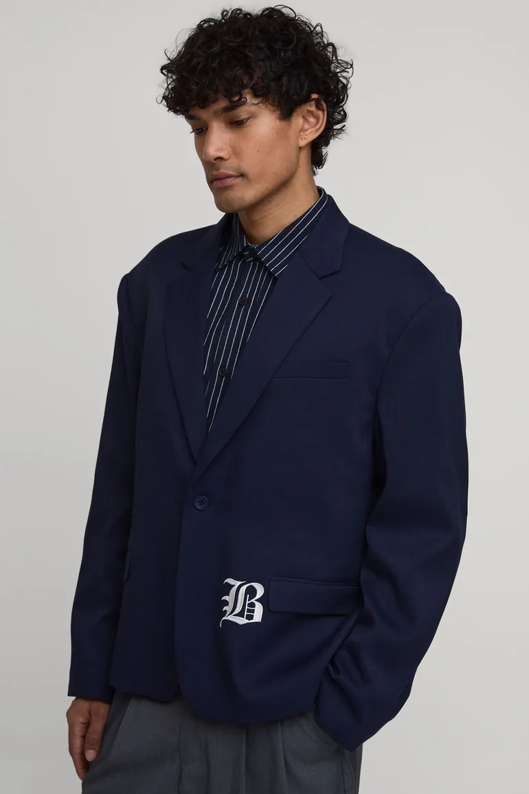 Herringbone Embroidered Oversized Blazer - navy
