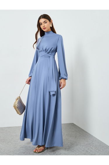 Women Blue Balloon Sleeve Waist Tie Maxi Dress