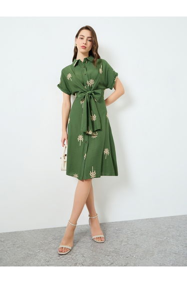 Women Green Embroidered Belted Knee-length Dress