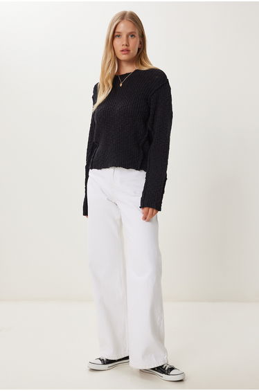 Women's Black Textured Knitwear Sweater