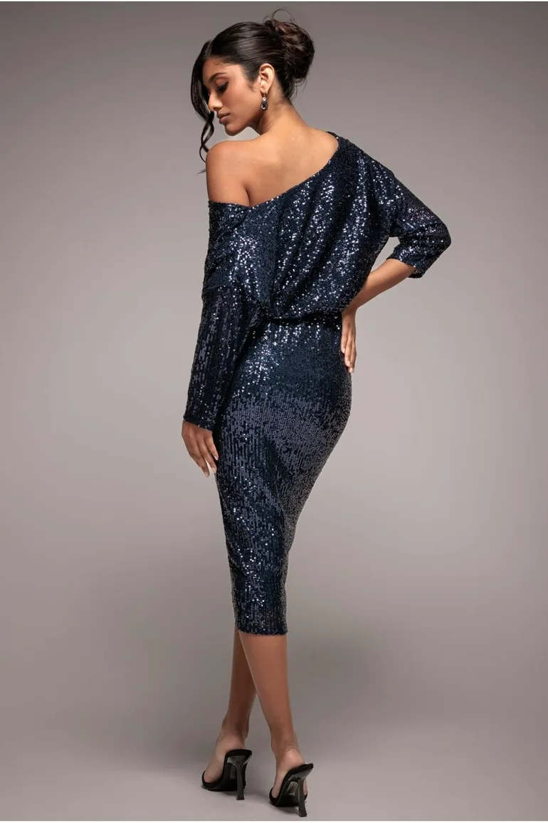 Goddiva Sequin Cowl Neck Midi Dress - Navy - 1