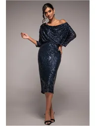 Goddiva Sequin Cowl Neck Midi Dress - Navy
