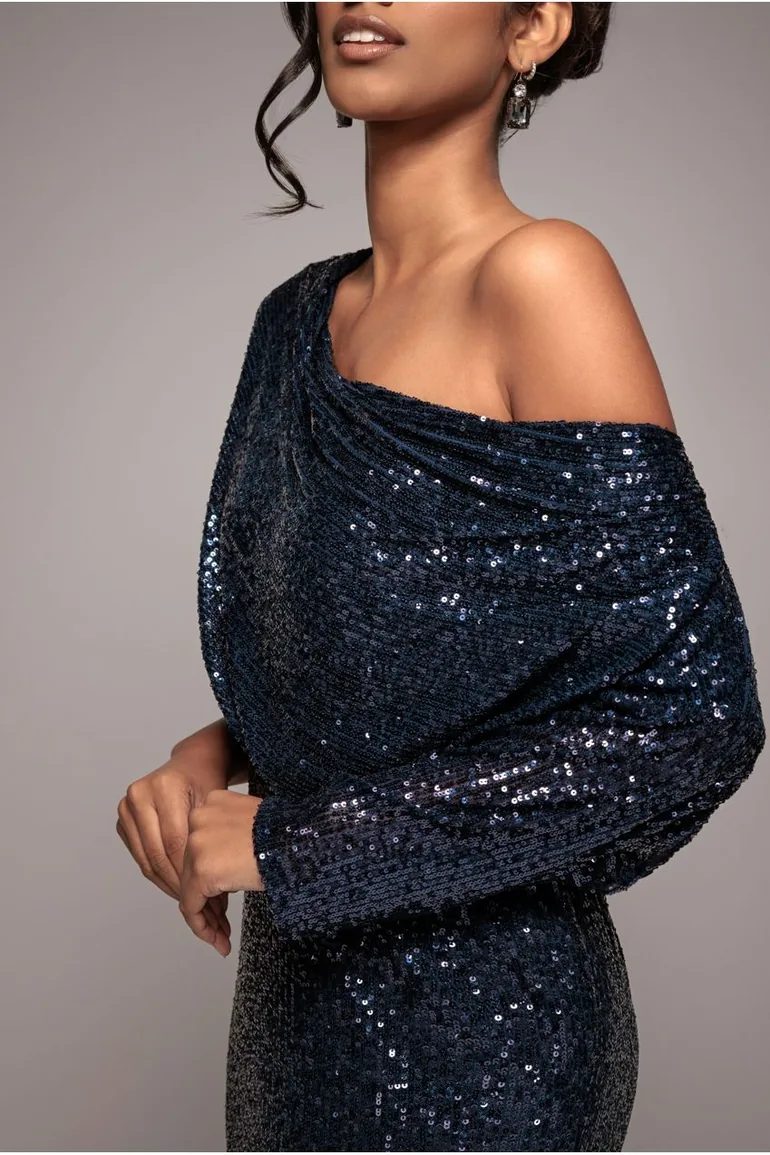 Goddiva Sequin Cowl Neck Midi Dress - Navy - 3