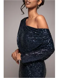 Goddiva Sequin Cowl Neck Midi Dress - Navy - 3