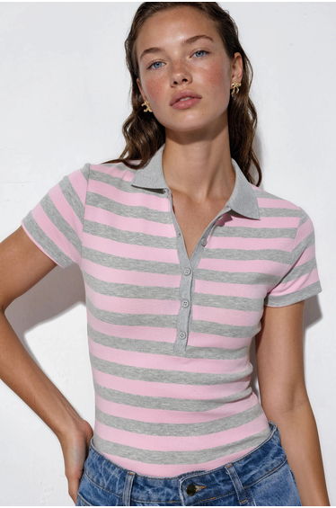 BUSEM Striped Ribbed Polo Blouse