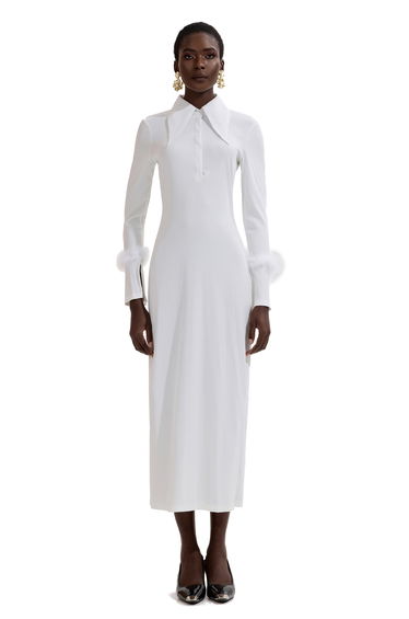 Geneviève Jersey Feather Midi Dress in White