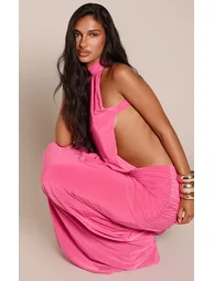 Fuschia Slinky High Neck Drape Detail Backless Maxi Dress - 3