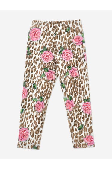 Girls Leopard and Rose Print Leggings in Multicolour