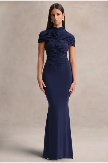 Azaria | Navy High-Neck Maxi Dress With Ruched Detailing