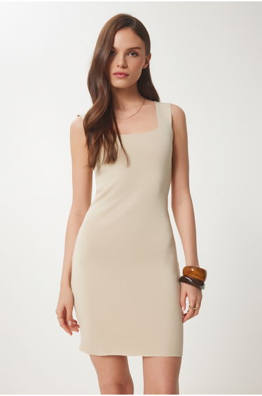Women's cream square neck lycra mini knit dress