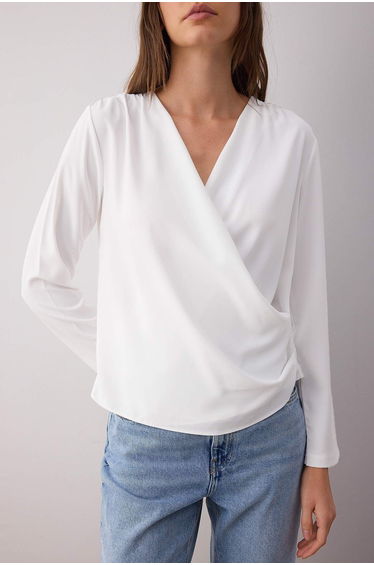 Ecru Double Breasted Satin Woven Woven Blouse product thumbnail 3