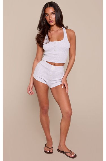 Petite PLT Ash Grey Ribbed Boxer Style Mini Shorts