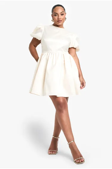 فستان تافتا بفيونكة خلفية بأكمام منفوخة لون كريمي - للمقاسات الكبيرة