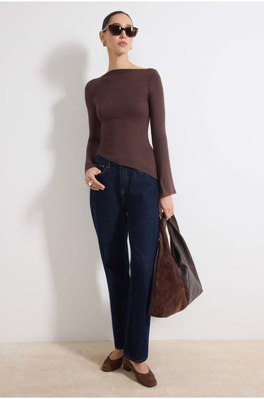 Brown Fitted/Bodycon Boat Neck Long Sleeve Premium Soft Knitted Blouse