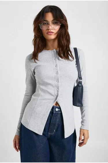 Ribbed Longline Popper Front Top - grey marl
