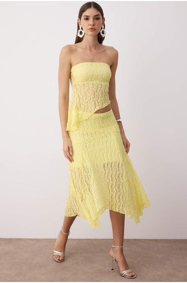Light Yellow Straight Strapless Sleeveless Knitted Lace Stylish/Evening Bottom - Top Set