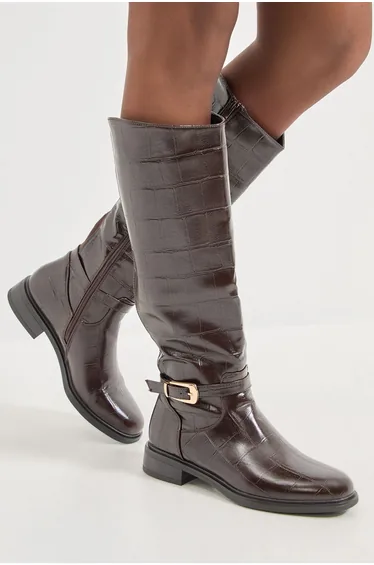 Emmy Faux Patent Large Croc Print Buckle Detail Knee High Riding Boots
