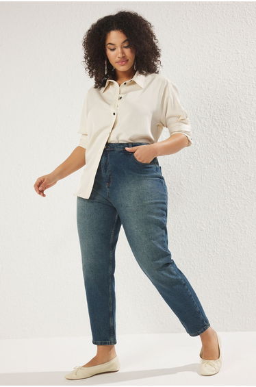 Dark Blue Distressed Wash Mom Fit Plus Size Jeans