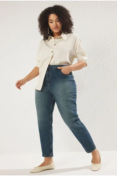 Dark Blue Distressed Wash Mom Fit Plus Size Jeans