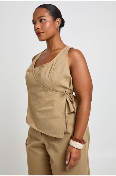 Plus Cotton Twill Square Neck Wrap Top - light khaki