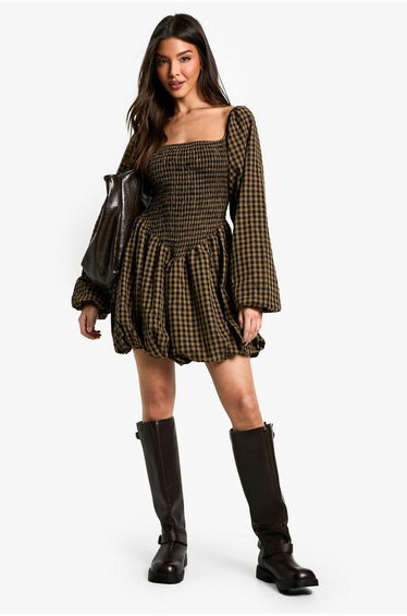 Check Shirred Long Sleeve Puff Sleeve Mini Dress - brown