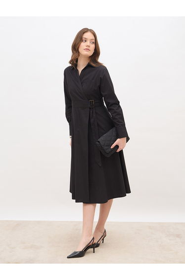 Solid Collared Wrap Midi Dress