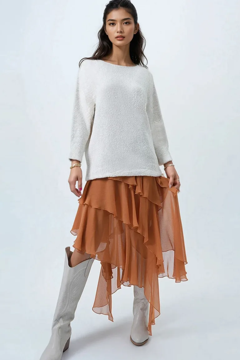 Women's Vanilla Boat Neck Batwing Sleeve Boucle Knit Sweater