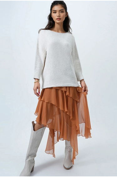 Women's Vanilla Boat Neck Batwing Sleeve Boucle Knit Sweater