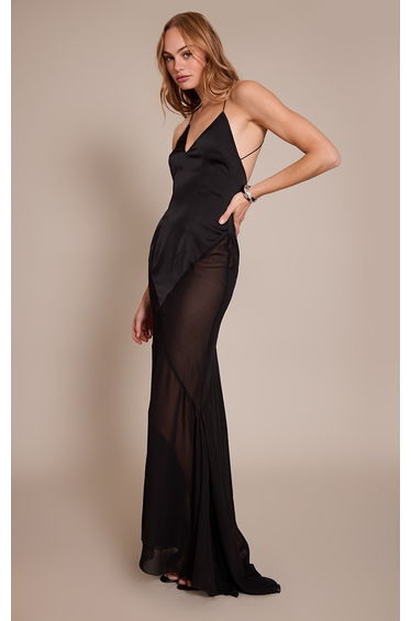 Black Satin Contrast V Neck Maxi Dress