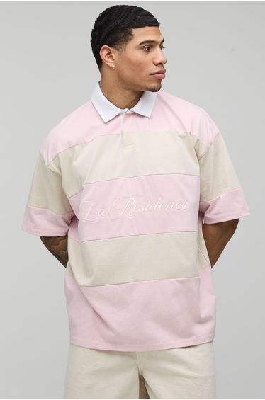 Oversized La Residence Embroidered Stripe Rugby Polo - pink