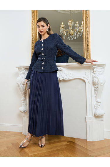 Women Navy Blue Tweed Top and Pleated Skirt Co-Ords
