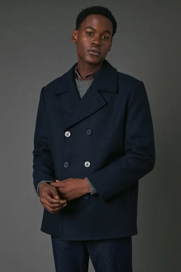 Navy Wool Blend Peacoat - 1