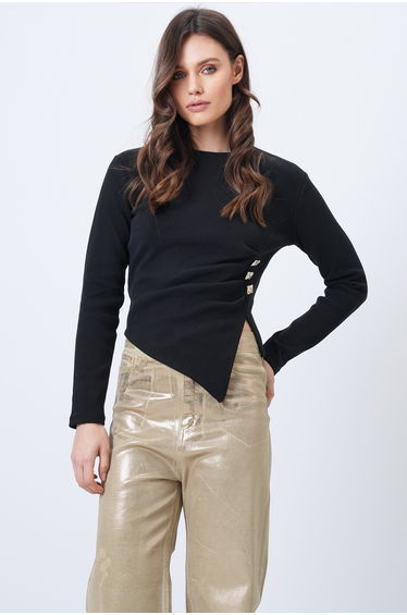 Women's Black Crew Neck Gold Button and Drape Detail Ottoban Blouse