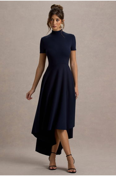 Bellona | Navy High-Neck High-Low Midi Dress