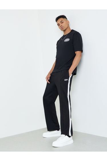 Men Black Oversized Side Stripe Tape Detail Terry Joggers
