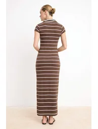 Brown Striped Bodycon V-Neck Moon Sleeve Short Sleeve Maxi Soft Knitted Dress - 4